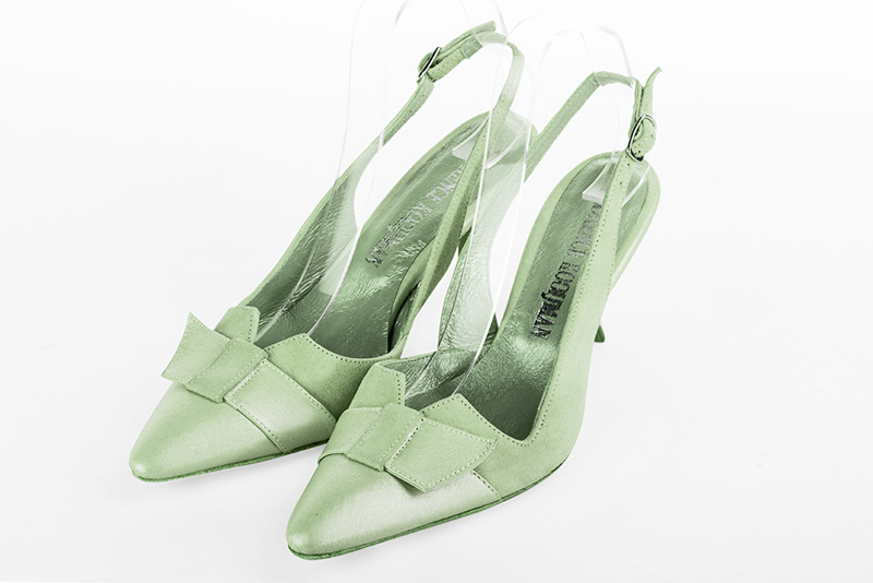 Mint green women's open back shoes, with a knot. Tapered toe. High spool heels. Front view - Florence KOOIJMAN